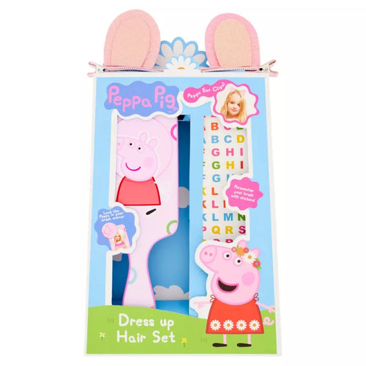 Peppa Pig Hair Gift Set 3 Pieces (This hair set contains:
1x Swivel Mirror Hairbrush
1x Peppa Pig Ear Hair Clips
1x Alphabet Stickers)