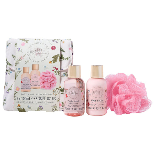 The Kind Edit Co. Spa Botanique Mini Shower Gift Set 100ml Body Wash + 100ml Body Lotion + Shower Flower + Bag
