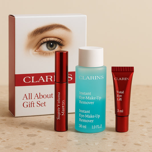 Clarins All About Eyes Gift Set 8ml Supra Volume Mascara + 30ml Instant Eye Make-Up Remover + 3ml Total Eye Lift