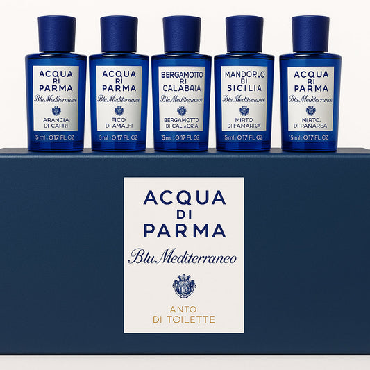 Acqua di Parma Blu Mediterraneo Miniature Set 5ml Arancia di Capri EDT - 5ml Fico di Amalfi EDT - 5ml Bergamotto di Calabria EDT - 5ml Mandorlo Di Sicilia EDT - 5ml Mirto di Panarea EDT
