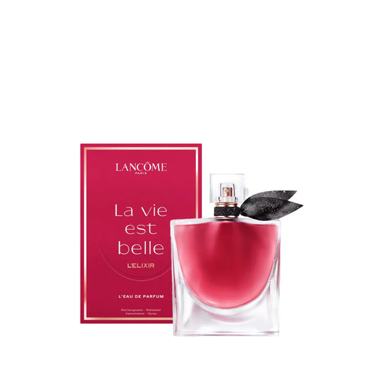 Lancème perfume bottle with pink packaging on a white background