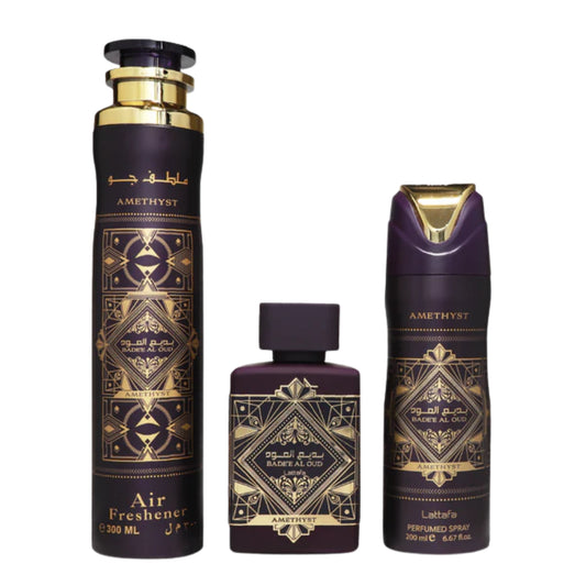 Lattafa Perfumes Bade'e Al Oud Amethyst Gift Set 100ml Edp + 200ml Body Spray + 50ml Hair Mist