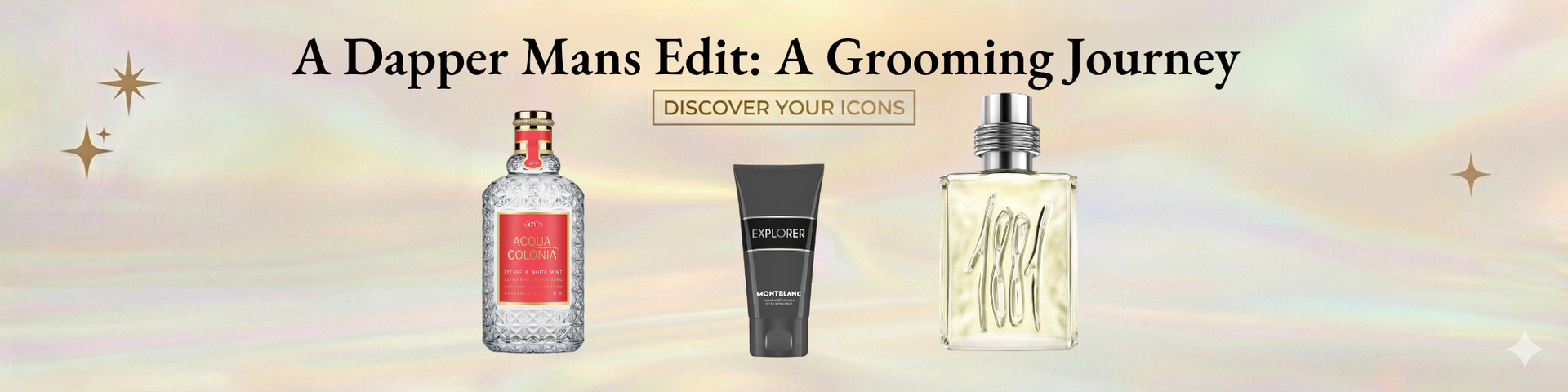 Men’s grooming collection banner featuring Burberry, Tom Ford, Hugo Boss, and Invictus designer perfumes with raw amber and cinnamon accents on a teal background.