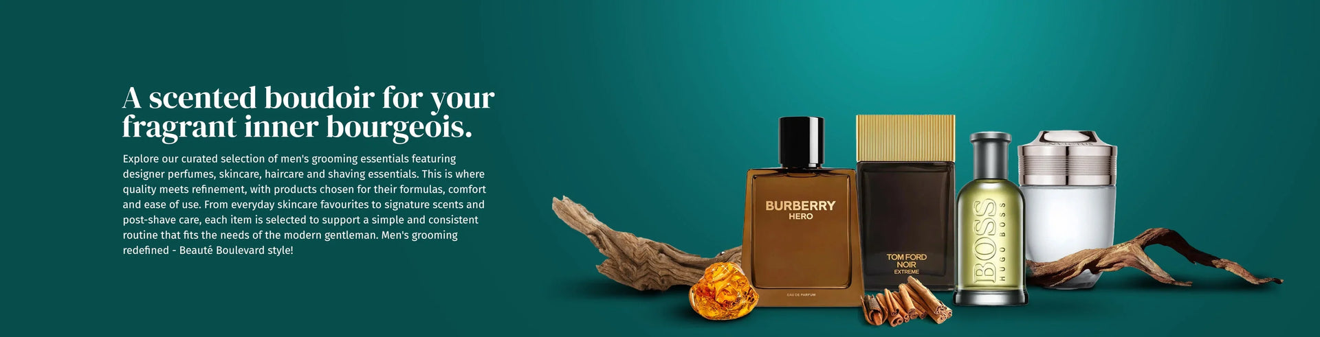 Men’s grooming collection banner featuring Burberry, Tom Ford, Hugo Boss, and Invictus designer perfumes with raw amber and cinnamon accents on a teal background.