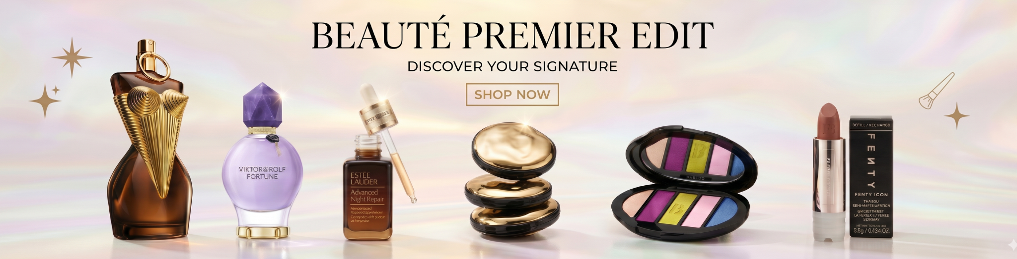 Beauté Boulevard master storefront collection banner showcasing premium cosmetics, including luxury designer perfumes, intensive night recovery serums, vibrant eyeshadow palettes, and high-pigment matte lipsticks.