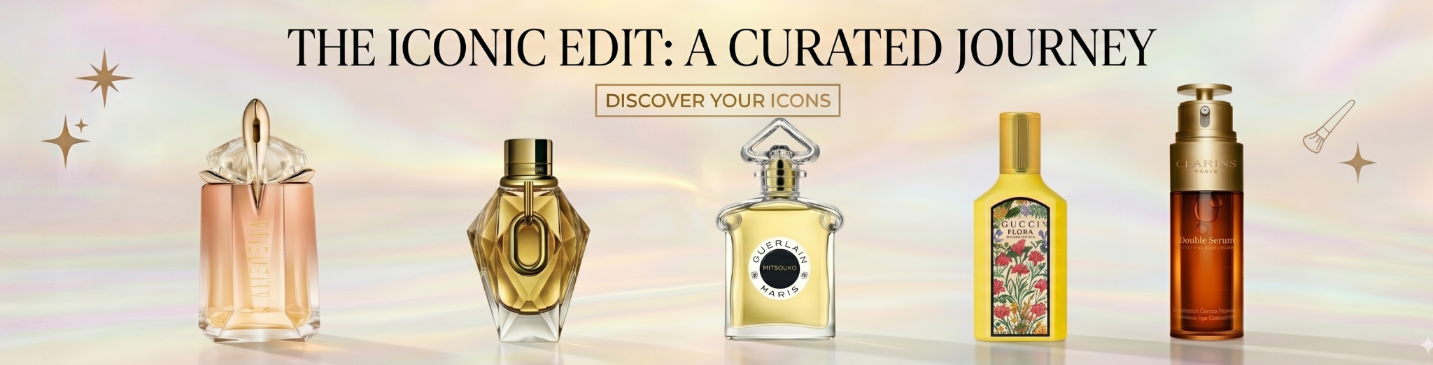 The Iconic Edit collection banner for women featuring luxury designer perfumes from Mugler, Guerlain, and Gucci Flora alongside premium Rabanne fragrances and Clarins anti-ageing double serum.