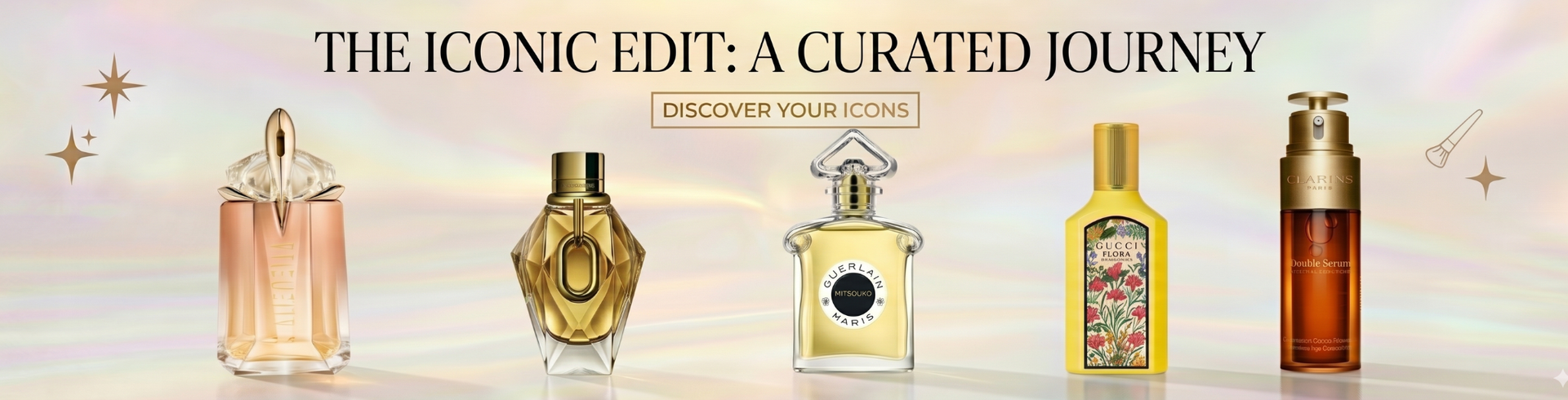 The Iconic Edit collection banner for women featuring luxury designer perfumes from Mugler, Guerlain, and Gucci Flora alongside premium Rabanne fragrances and Clarins anti-ageing double serum.