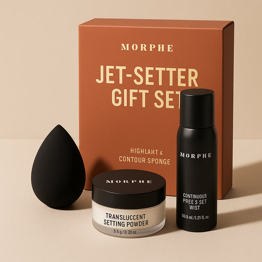 Morphe Jet-Setter Gift Set 36.8ml Continuous Prep & Set Mist + 2.6g Translucent Setting Powder + Highlight & Contour Sponge