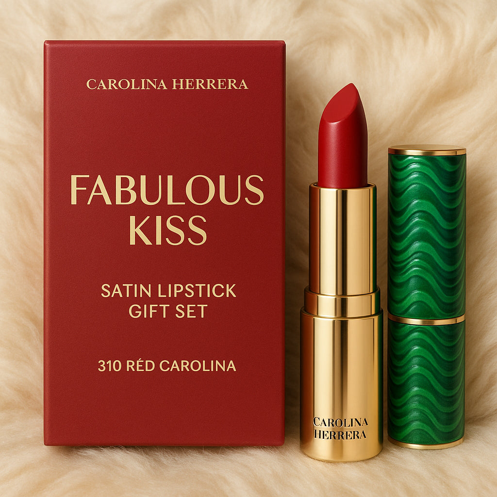 Carolina Herrera Fabulous Kiss Satin Lipstick Gift Set 310 Red Carolina Lipstick + Green Waves Lipstick Cap