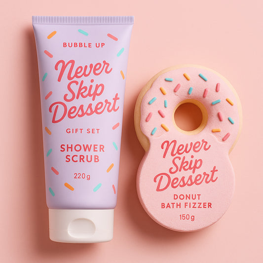 Bubble Up Never Skip Dessert Gift Set 220g Shower Scrub + 150g Donut Bath Fizzer