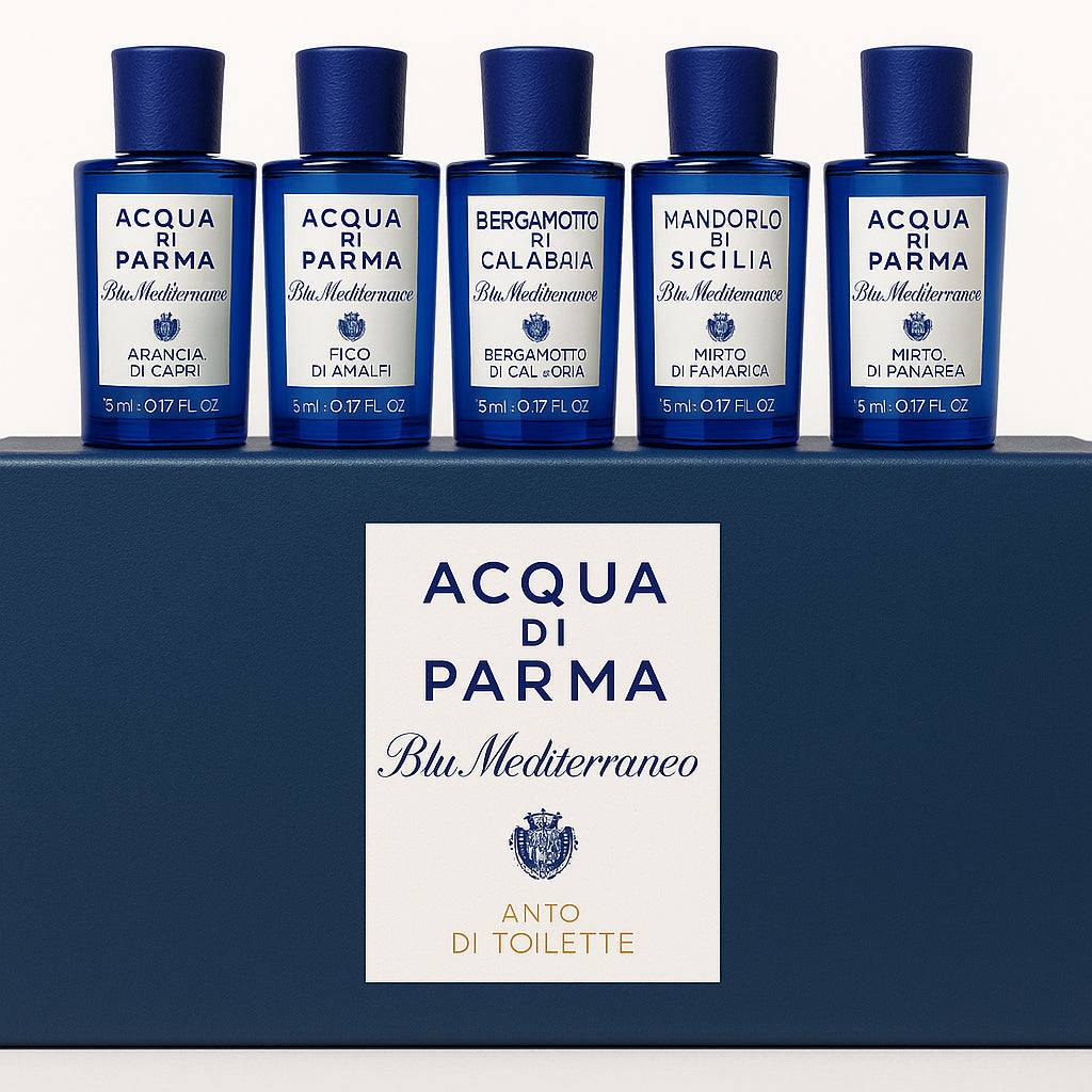 Acqua di Parma Blu Mediterraneo Miniature Set 5ml Arancia di Capri EDT - 5ml Fico di Amalfi EDT - 5ml Bergamotto di Calabria EDT - 5ml Mandorlo Di Sicilia EDT - 5ml Mirto di Panarea EDT