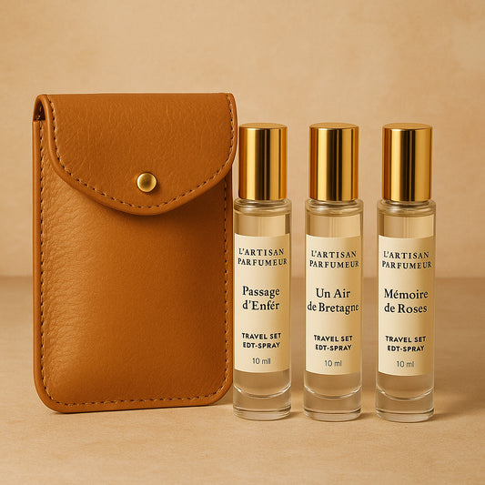 L'Artisan Parfumeur Travelset EDT Spray 10ml x 3 -Pass D'Enfer + Un Air De Bretagne+ Memoire De Roses with Leather Pouch
