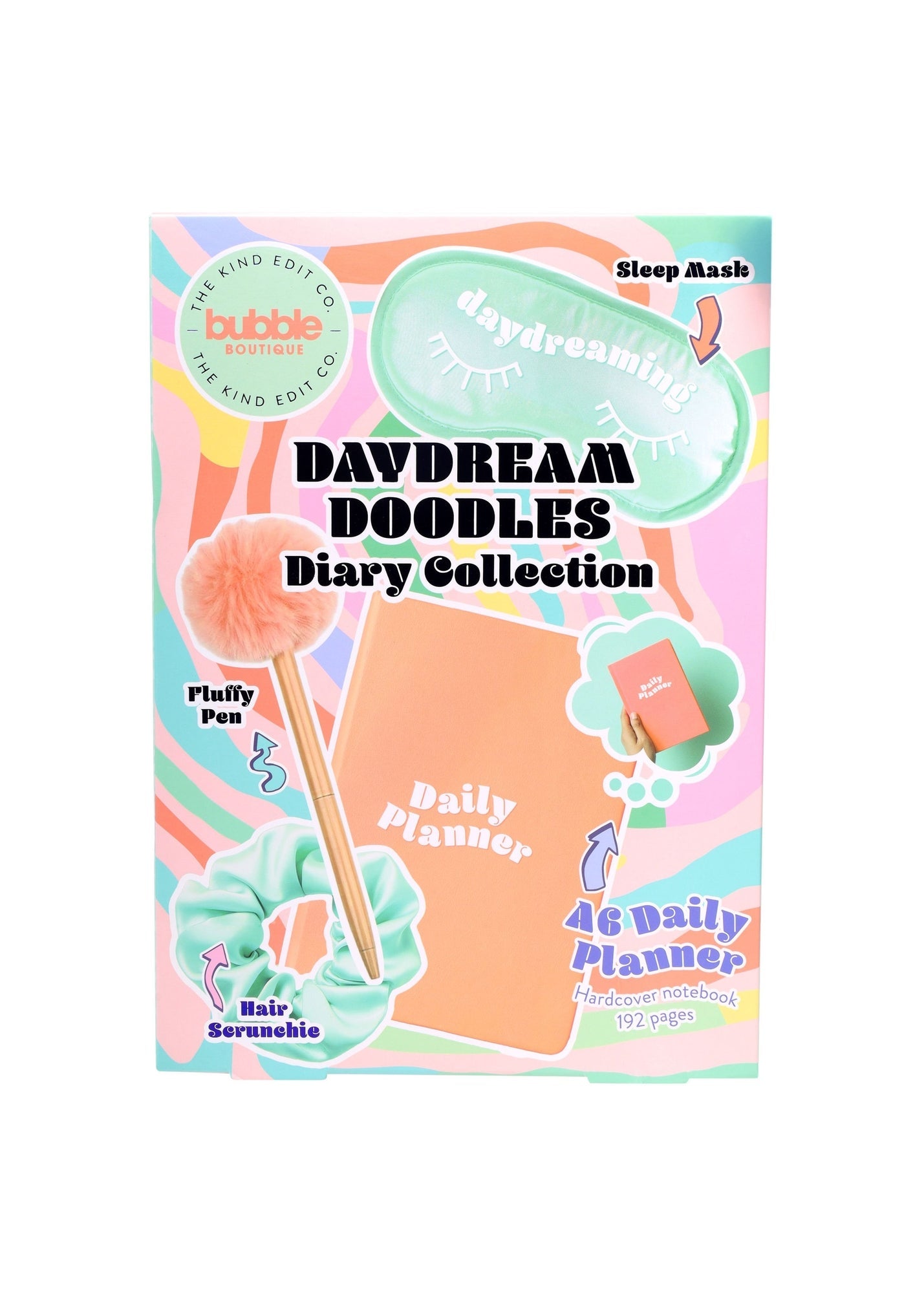The Kind Edit Co. Bubble Boutique Daydream Doodles Diary Collection Gift Set 1 Notebook + 1 Fluffy Pen + 1 Eye Mask + 1 Satin Scrunchie
