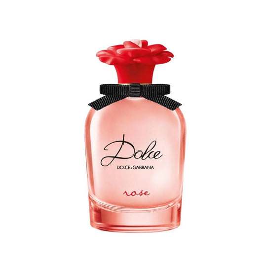 Dolce & Gabbana perfume bottle with red flower cap on a white background