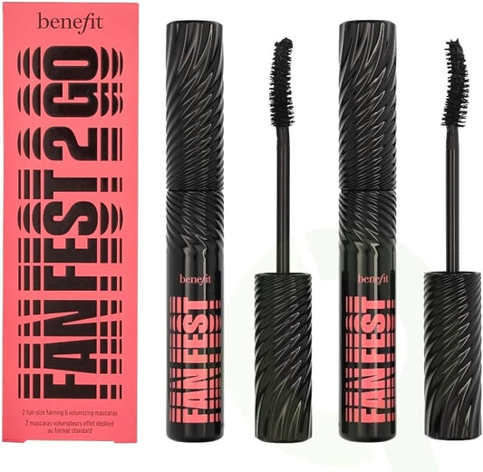 Benefit Fan Fest mascara set with two black mascara tubes and a pink packaging box on a white background.