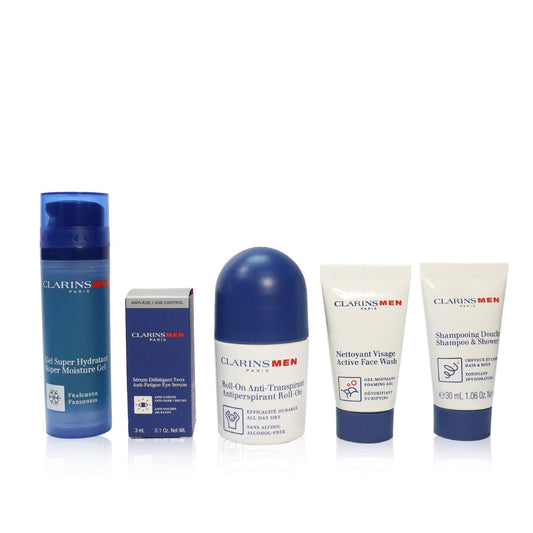Clarins Men Gift Set: Super Moisture Gel 50ml + Deodorant Roll On 50ml + Shampoo and Shower Gel 30ml + Active Face Wash 30ml + Eye Serum 3ml