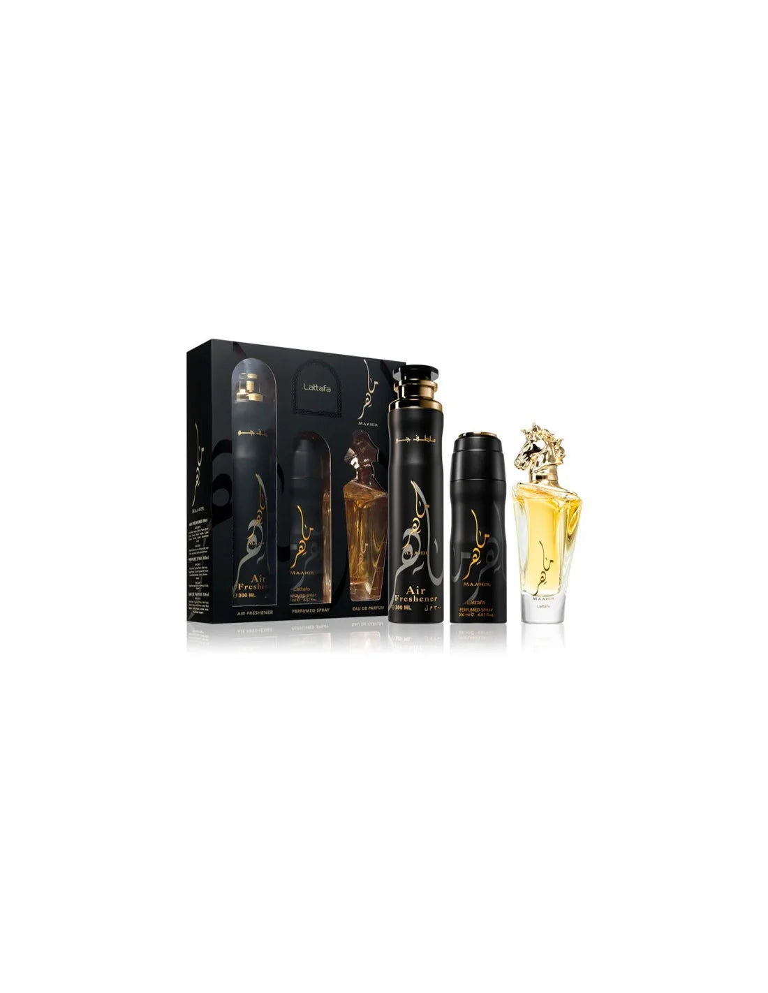 Lattafa Perfumes Maahir Gift Set 100ml Edp + 200ml Perfumed Body Spray + 300ml Air Freshener