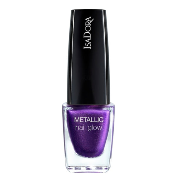 Purple nail polish bottle with black cap on a white background