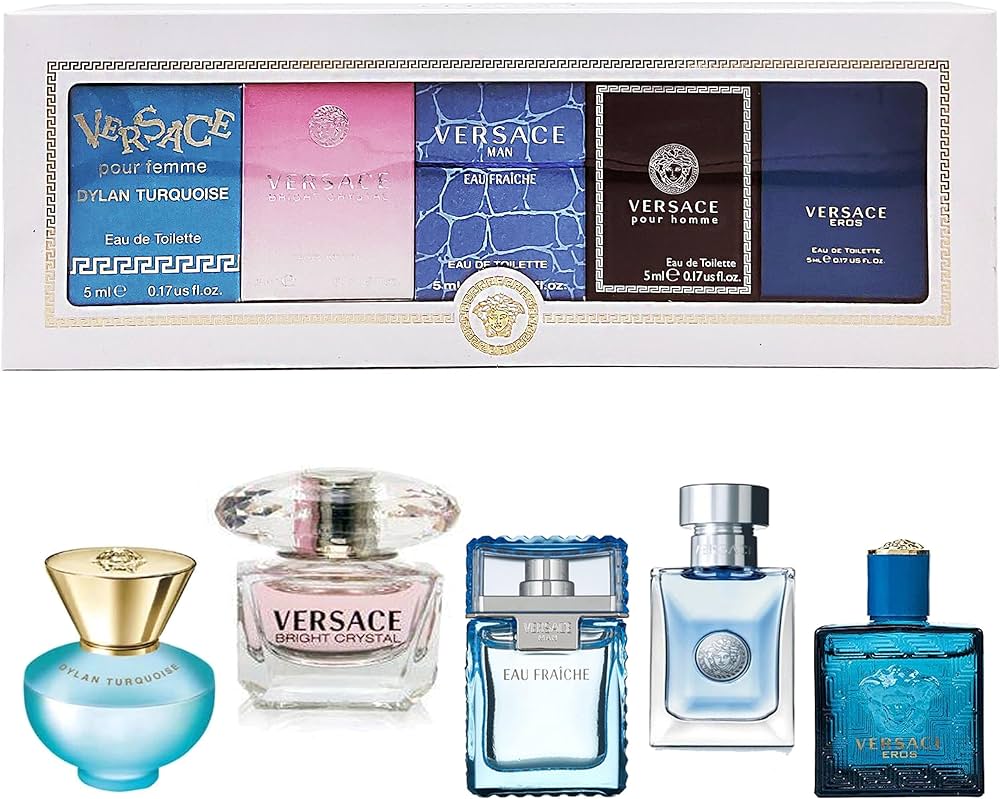 Versace Miniatures Gift Set 5ml Dylan Turquoise EDT - 5ml Bright Crystal EDT - 5ml Eau Fraiche EDT - 5ml Pour Homme EDT - 5ml Eros EDT
