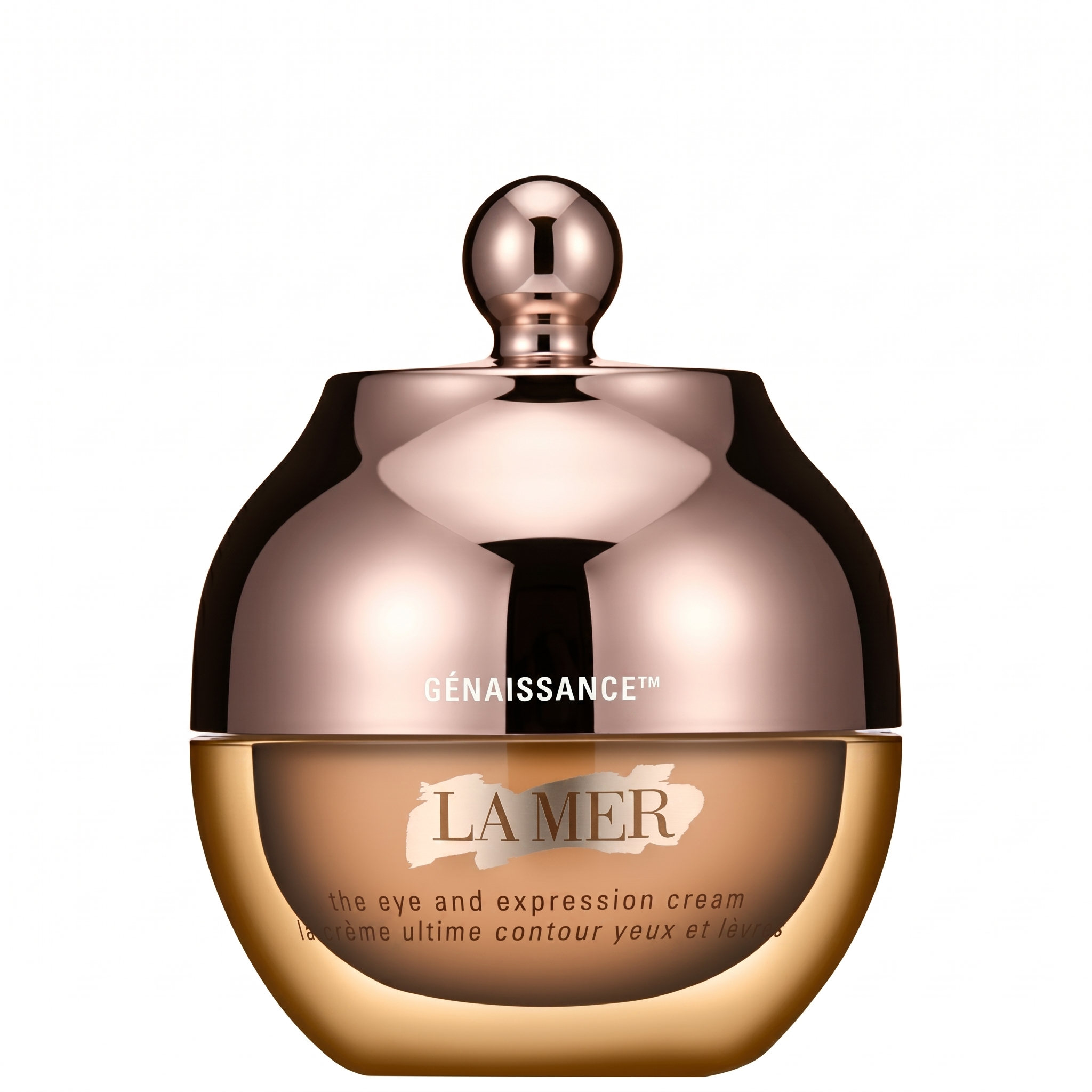 La Mer eye and expression cream jar with rose gold lid on a white background