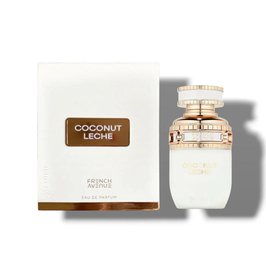 A bottle of French Avenue Coconut Leche Eau de Parfum next to its white packaging box with a gold label, set against a plain white background with a soft shadow.