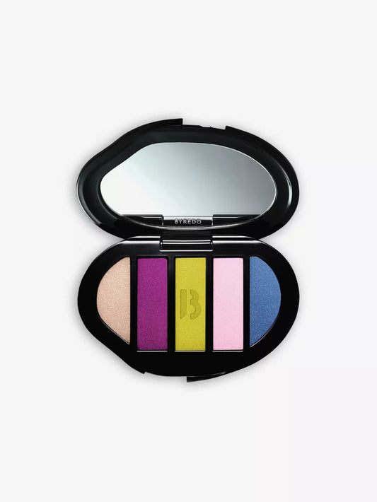 Makeup palette with colorful shades and a mirror on a white background