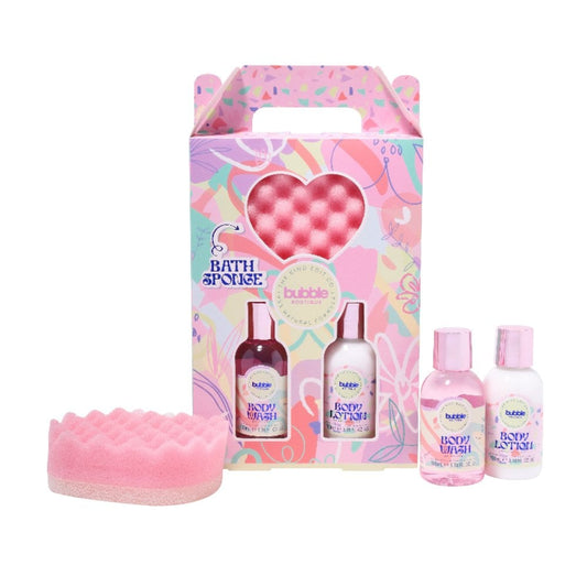 The Kind Edit Co. Bubble Boutique Lather &amp; Soak Gift Set 100ml Body Wash - 100ml Body Lotion - Sponge