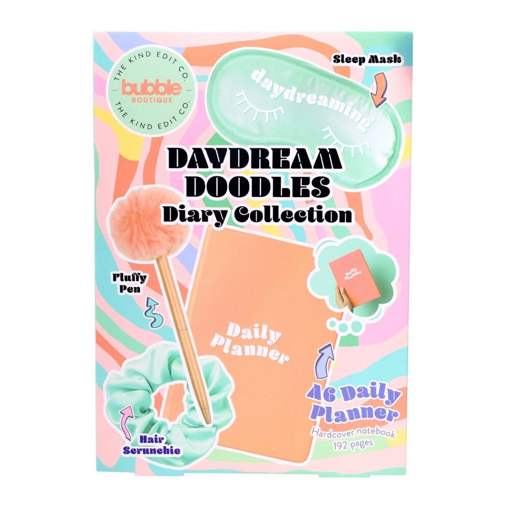 The Kind Edit Co. Bubble Boutique Daydream Doodles Diary Collection Gift Set 1 Notebook + 1 Fluffy Pen + 1 Eye Mask + 1 Satin Scrunchie