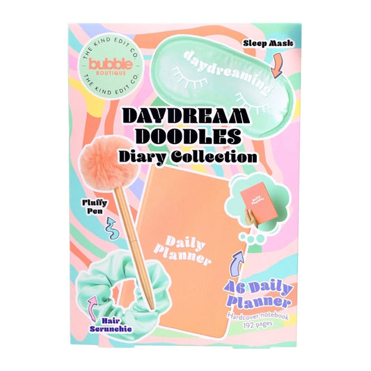 The Kind Edit Co. Bubble Boutique Daydream Doodles Diary Collection Gift Set 1 Notebook + 1 Fluffy Pen + 1 Eye Mask + 1 Satin Scrunchie