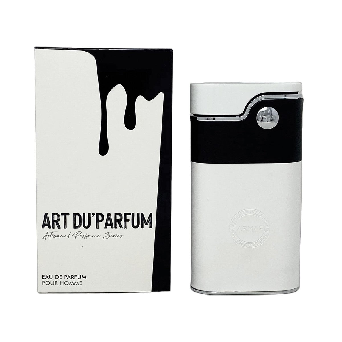 White and black perfume bottle with packaging labeled 'Art du Parfum' on a white background
