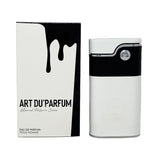 White and black perfume bottle with packaging labeled 'Art du Parfum' on a white background