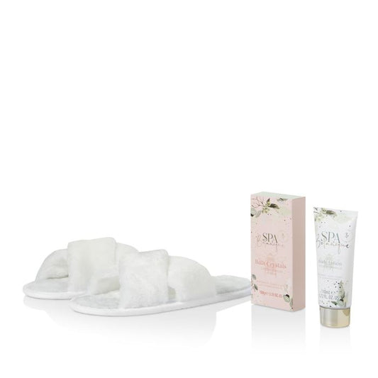 The Kind Edit Co. Spa Botanique Luxury Slipper Gift Set 110ml Body Wash - 100g Bath Crystals - 1 Pair Slippers